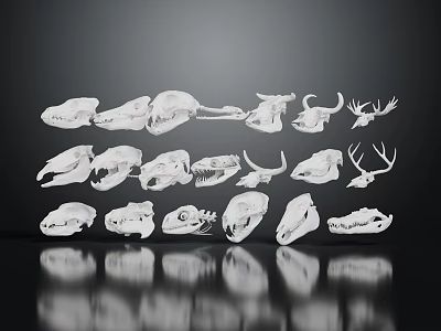 White Outlined Animal Skull Specimens Arranged Neatly in Display Rows on Dark Background 3d model