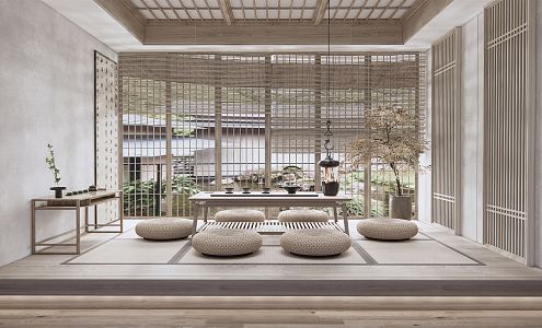 Japanese Style Tea Room Zen Tatami Tea Room Bamboo Curtain Tea Set Tea Cabinet Futon Cushion Maple Leaf Potted Plant 3d model