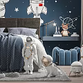 Kids Room Interior with Starry Wall Astronaut Rocket Bed Chandelier and Toys