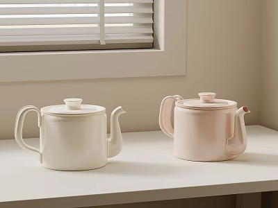 Elegant White and Pink Teapots on White Table by Window with Blinds 3d model