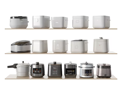 Various Kitchen Appliances Including Rice Cookers And Pressure Cookers On Shelf 3d model