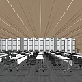 Spacious Modern Conference Room Interior With Neatly Arranged Tables Chairs Large Windows And Wooden Ceiling