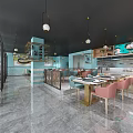 Modern Restaurant Interior With Golden Pendant Lights Black Circular Railings Teal Red Chairs And Tables