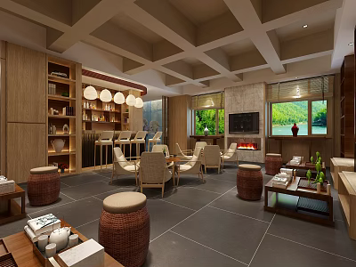 Hotel Public Lounge Area With Wooden Decor Rattan Stools Comfortable Seating And Pendant Lights 3d model