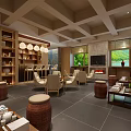 Hotel Public Lounge Area With Wooden Decor Rattan Stools Comfortable Seating And Pendant Lights