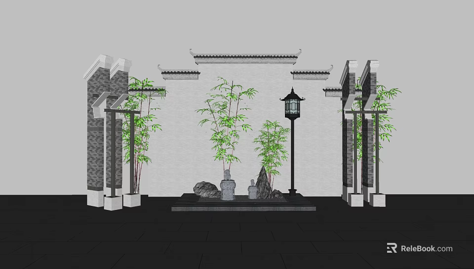Traditional Chinese Garden Ornament With Bamboo Stones Lantern And Carved Walls 3d model 