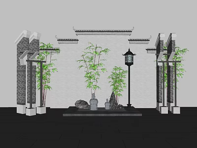 Traditional Chinese Garden Ornament With Bamboo Stones Lantern And Carved Walls 3d model