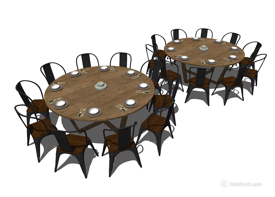 Elegant Round Dining Table Set With Plates Cutlery And Surrounding Chairs 3d model