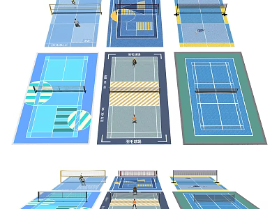 Various Sports Court Layouts for Fitness Activities with Different Surface Designs 3d model