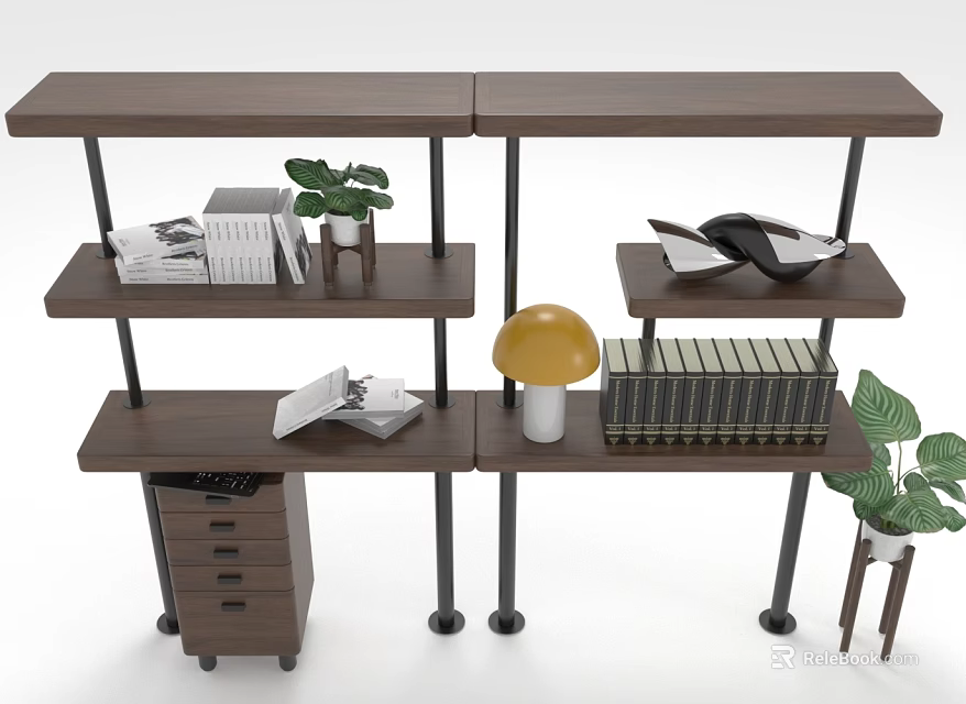 Multi Tiered Shelf Unit With Wooden Shelves Metal Frames Books And Potted Plants 3d model 