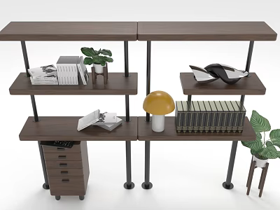 Multi Tiered Shelf Unit With Wooden Shelves Metal Frames Books And Potted Plants 3d model