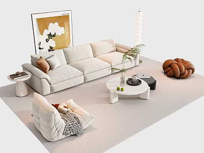 Modern Sofa And Coffee Table Set With Light Upholstery White Table Potted Plant Wall Art And Floor Lamp 3d model