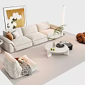 Modern Sofa And Coffee Table Set With Light Upholstery White Table Potted Plant Wall Art And Floor Lamp