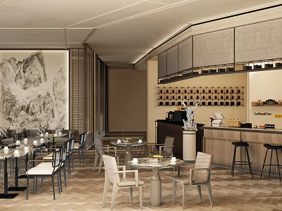 Elegant Modern Restaurant Interior With Dining Tables Wine Rack And Decorative Wall Art 3d model