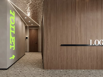 Office Corridor with Green Toilet Sign Arrow Terrazzo Floor Wooden Wall and Ceiling Light Strips 3d model