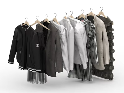 Various Style Clothes Hanging On Wooden Hangers With Different Colors And Designs 3d model