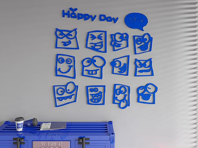 Blue Decorative Wall Decor With Cartoon Faces Happy Day Text And Speech Bubble 3d model