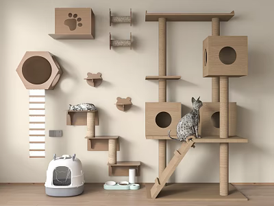 Essential Cat Supplies With Cardboard Cat Tree Wall Shelves Hexagonal Hideout And Litter Box 3d model