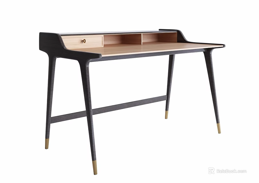 Modern Desk With Dark Frame Wooden Top Drawer And Slim Golden Legs 3d model 