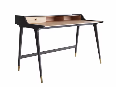 Modern Desk With Dark Frame Wooden Top Drawer And Slim Golden Legs 3d model
