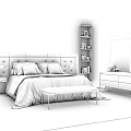 Modern Bedroom Interior With Blue Headboard Double Bed White Sheets Blue Pillows And Bench