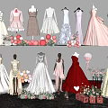 Elegant Various Style Dresses Displayed On Mannequins With Balloons Flowers And Love Gift Boxes