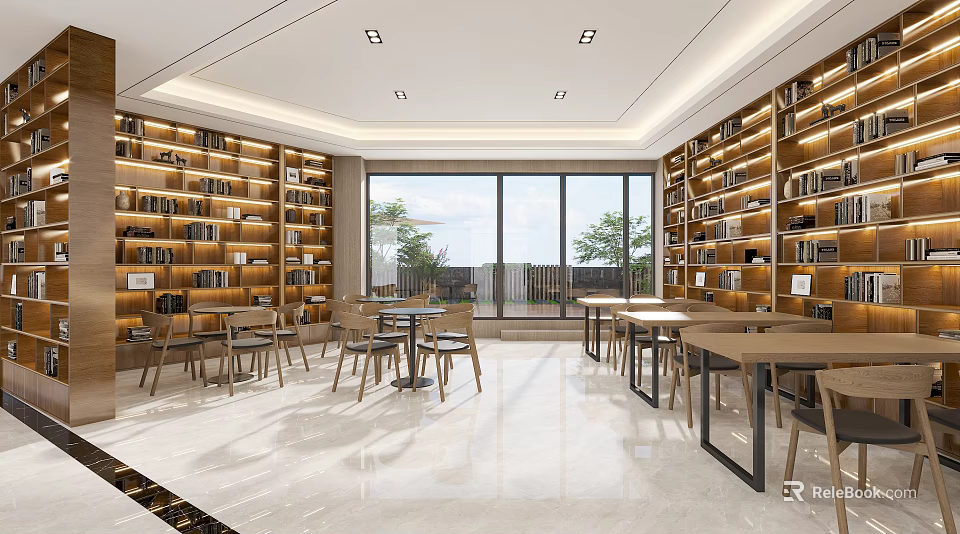 Modern Library Interior With Wooden Bookshelves Tables Chairs And Large Windows 3d model 