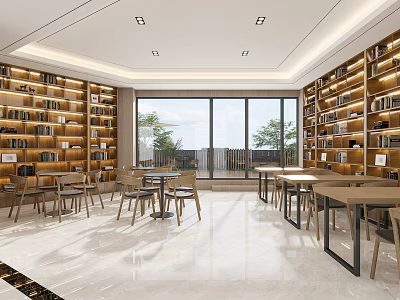 Modern Library Interior With Wooden Bookshelves Tables Chairs And Large Windows 3d model