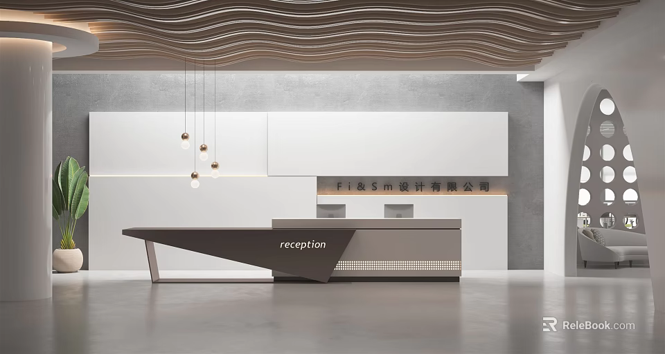 Sleek Modern Reception Interior Design With Wavy Ceiling And Pendant Lights Over Reception Desk 3d model 