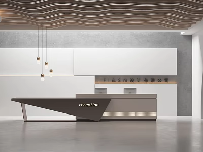 Sleek Modern Reception Interior Design With Wavy Ceiling And Pendant Lights Over Reception Desk 3d model