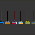 Colorful Mops With Long Handles And Various Colored Heads On Dark Background