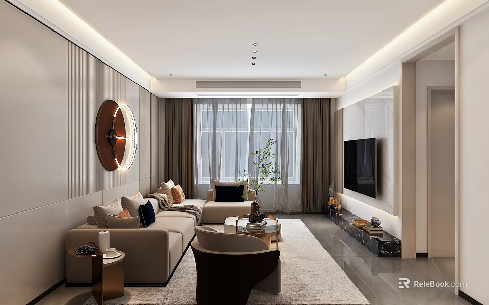 Modern Living Dining Room With Beige Sofa Coffee Table TV Round Decorative Painting And Plant 3d model 