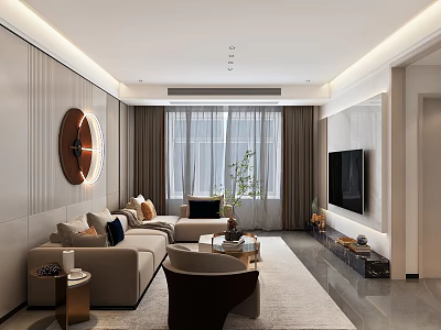 Modern Living Dining Room With Beige Sofa Coffee Table TV Round Decorative Painting And Plant 3d model