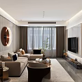Modern Living Dining Room With Beige Sofa Coffee Table TV Round Decorative Painting And Plant