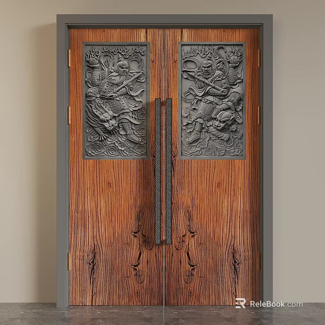 Traditional Wooden Swing Door With Intricate Carvings And Metal Handles 3d model 