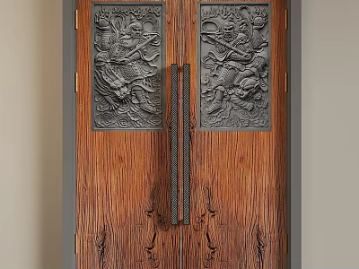 Traditional Wooden Swing Door With Intricate Carvings And Metal Handles 3d model