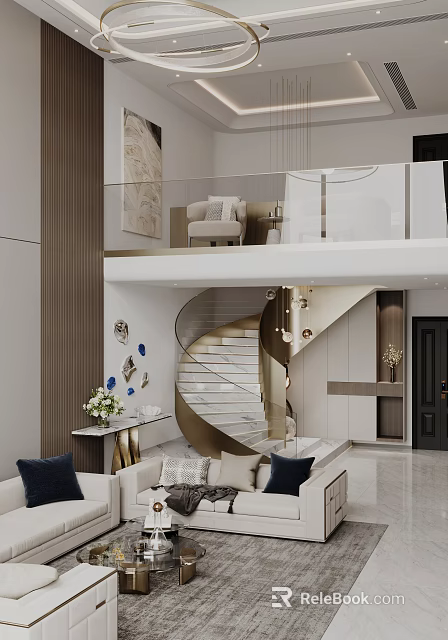 Modern Duplex Living Room Interior With Spiral Staircase Luxury Sofa Decorative Paintings And Chandelier 3d model 