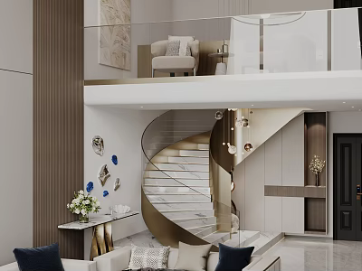 Modern Duplex Living Room Interior With Spiral Staircase Luxury Sofa Decorative Paintings And Chandelier 3d model