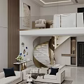 Modern Duplex Living Room Interior With Spiral Staircase Luxury Sofa Decorative Paintings And Chandelier