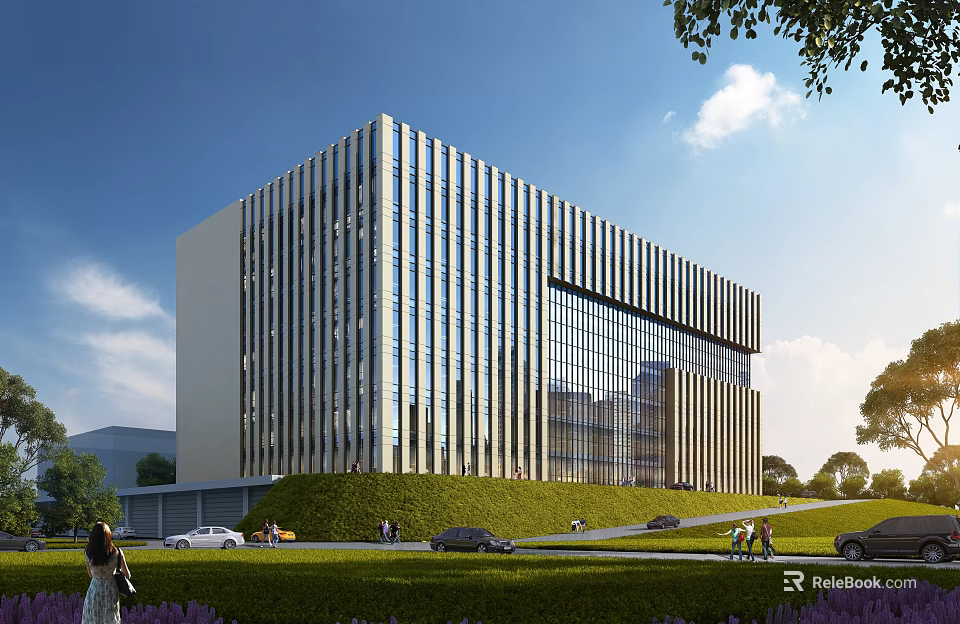 Modern Industrial Factory Building With Glass Curtain Walls Metal Structure Green Lawn And Vehicles 3d model 