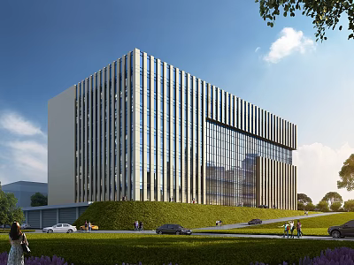 Modern Industrial Factory Building With Glass Curtain Walls Metal Structure Green Lawn And Vehicles 3d model