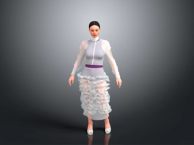 Woman in White Layered Dress with Purple Waistband Long Sleeves White Shoes Against Gray Background 3d model