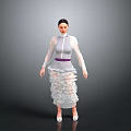 Woman in White Layered Dress with Purple Waistband Long Sleeves White Shoes Against Gray Background