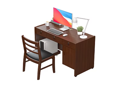 Modern Wooden Office Desk with Computer Monitor Keyboard Mouse Desk Lamp Small Plant and Chair 3d model