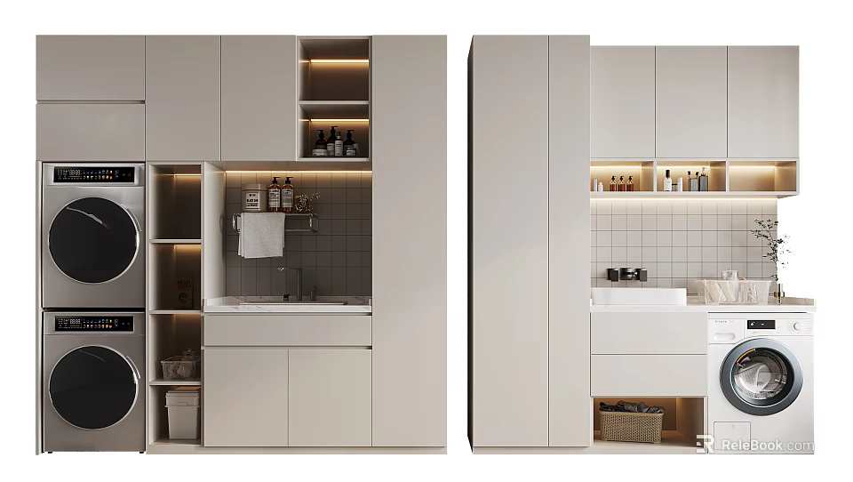 Modern Bathroom Cabinets with Sink Storage Washing Machine and Lighting Design 3d model 