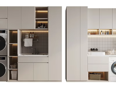 Modern Bathroom Cabinets with Sink Storage Washing Machine and Lighting Design 3d model