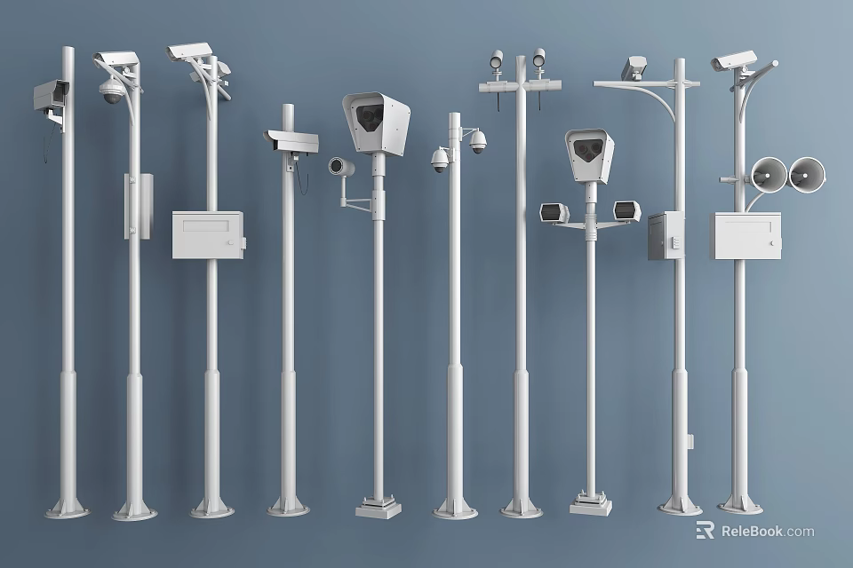 Different Types of Projection Surveillance Camera Systems with Pole Mounts and Accessories 3d model 