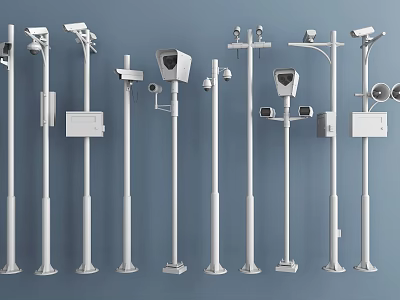 Different Types of Projection Surveillance Camera Systems with Pole Mounts and Accessories 3d model