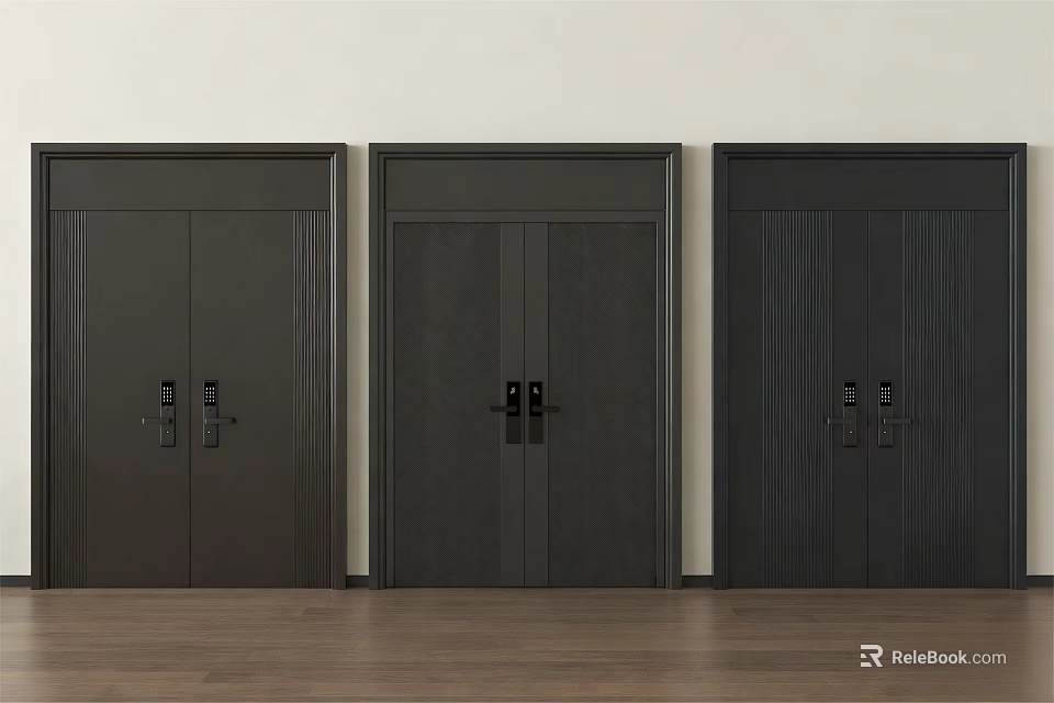 Modern Dark Security Doors With Wood Grain Texture Locks And Three In Row 3d model 