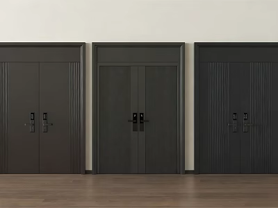 Modern Dark Security Doors With Wood Grain Texture Locks And Three In Row 3d model